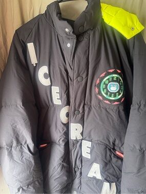Icecream Black Puffer Jacket with Neon Yellow Shoulder Accent